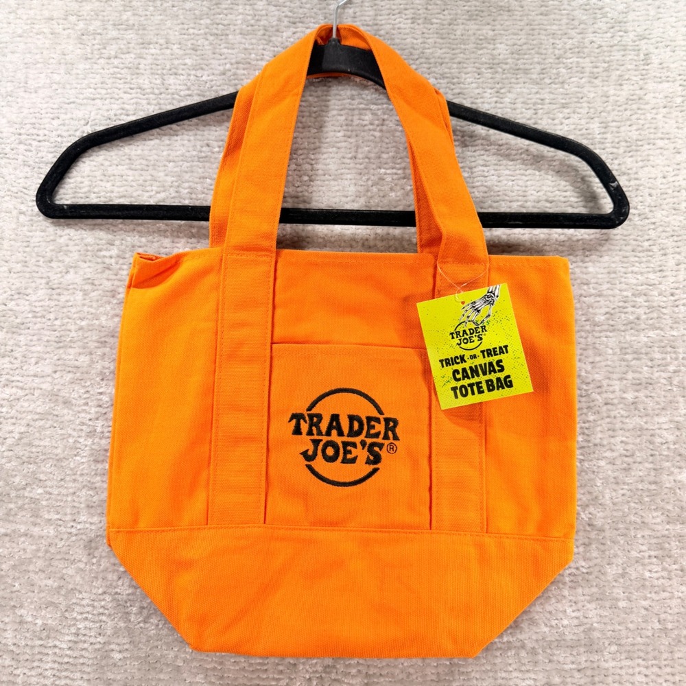 Trader Joe's Trick-or-Treat Canvas Tote Bag Cotton Poly OS Orange Halloween Logo